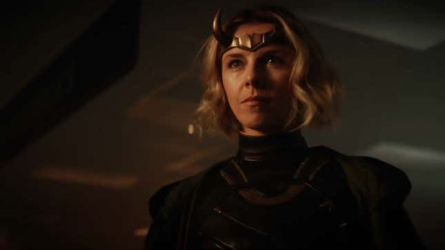 Sylvie wears in her horned Loki headgear in a scene from Disney+ series Loki.