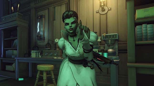 Overwatch character Sombra dressed as the Bride of Frankenstein.