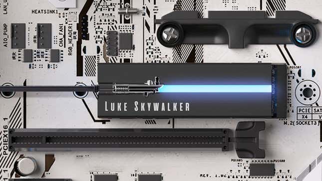 Seagate Lightsaber Collection Special Edition FireCuda PCIE Gen4 NVMe SSD installed on a motherboard with the Luke Skywalker faceplate installed.