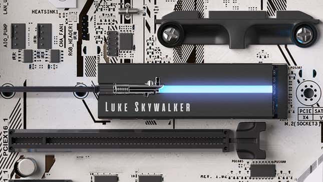 Seagate's Lightsaber Collection Special Edition FireCuda PCIE Gen4 NVMe SSD instalado en una placa base con la placa frontal de Luke Skywalker instalada.