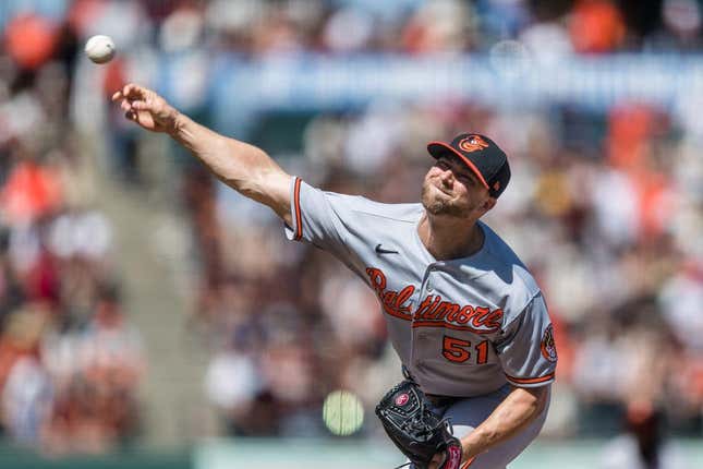 Jun 4, 2023; San Francisco, California, USA; Baltimore Orioles closing pitcher Austin Voth (51) throws against the San Francisco Giants during the ninth inning at Oracle Park.