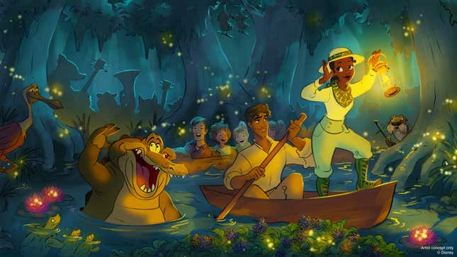 Concept art of Princess Tiana, Prince Naveen and Louis in a bayou with park guests