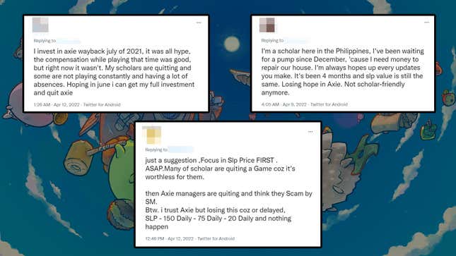 Screenshots of tweets from three anonymous Axie Infinity players appear in front of Axie game artwork.