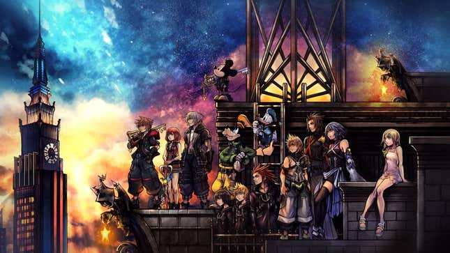The cast of Kingdom Hearts III, sitting on a rooftop above a city. 