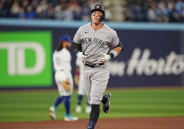 May 18, 2023; Toronto, Ontario, CAN; New York Yankees designated hitter Aaron Judge (99) runs the bases after hitting a two run home run against the Toronto Blue Jays during the first inning at Rogers Centre.