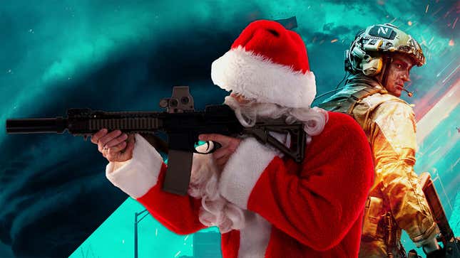 Santa Claus stands back-to-back with a Battlefield soldier, while wielding an assault rifle.