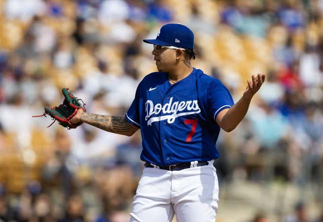 Mar 5, 2023; Phoenix, Arizona, USA; Los Angeles Dodgers pitcher Julio Urias reacts against the Chicago White Sox during a spring training game at Camelback Ranch-Glendale.