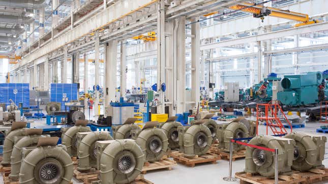 Locomotive engine turbochargers on the factory floor in Pune.