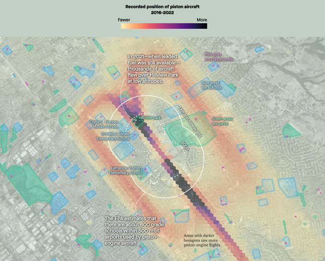 A map showing where aircraft that emit leaded fuel fly, and how close it is to schools and parks.