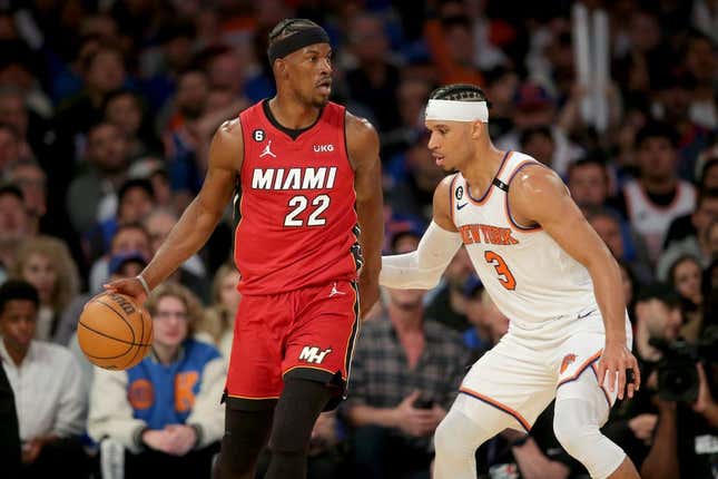 Apr 30, 2023; New York, New York, USA; Miami Heat forward Jimmy Butler (22) controls the ball against New York Knicks guard Josh Hart (3) during the third quarter of game one of the 2023 NBA Eastern Conference semifinal playoffs at Madison Square Garden.