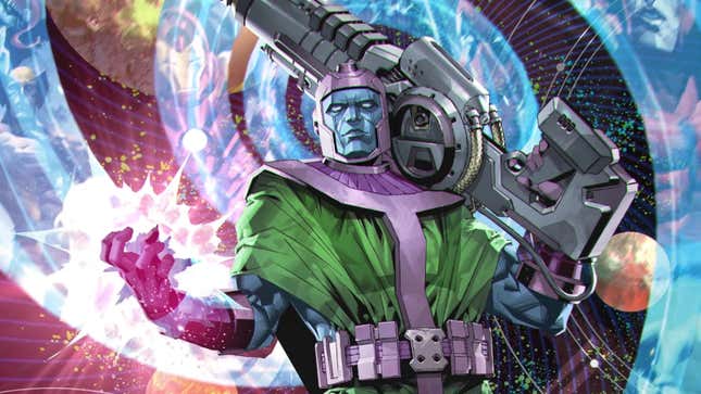Kang the Conqueror stands among the cosmos, a giant laser hoisted on his shoulder.
