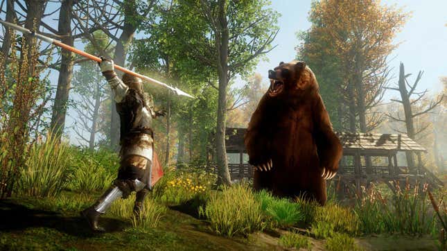 A screenshot of Amazon's New World, depicting a warrior attempting to spear a roaring brown bear.