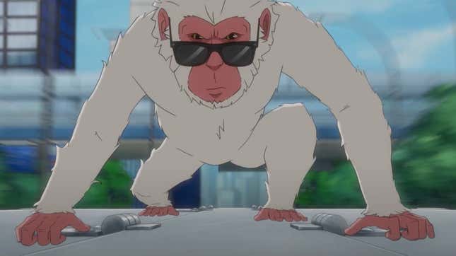 A Japanese Snow Monkey in sunglasses, Marvel's Hit Monkey, leaps onto the top of a moving vehicle.