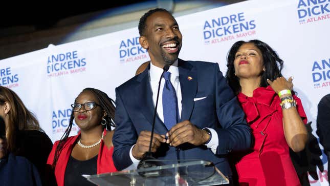 Atlanta mayoral runoff candidate Andre Dickens gives his victory speech Tuesday, Nov. 30, 2021, in Atlanta. Dickens, a city council member, won the runoff, riding a surge of support that powered him past the council’s current president, Felicia Moore, after finishing second to her in November. 