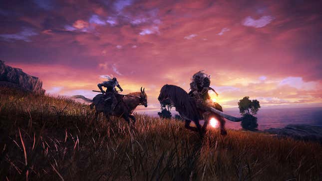 An Elden Ring image of two warriors battling each other atop horseback.