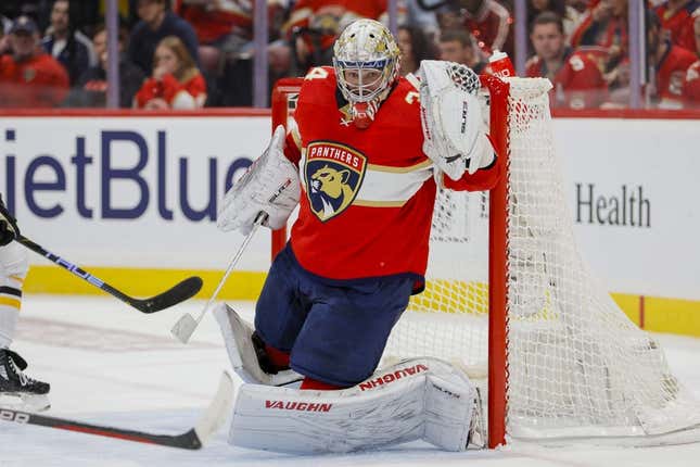 Apr 21, 2023; Sunrise, Florida, USA; Florida Panthers goaltender Alex Lyon (34) defends his net during the second period against the Boston Bruins in game three of the first round of the 2023 Stanley Cup Playoffs at FLA Live Arena.