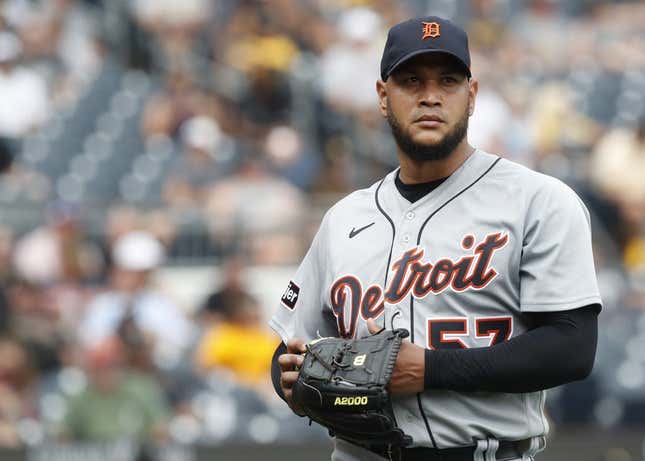 Aug 2, 2023; Pittsburgh, Pennsylvania, USA;  Detroit Tigers starting pitcher Eduardo Rodriguez (57) exits the field after pitching six innings against the Pittsburgh Pirates at PNC Park. Detroit won 6-3.