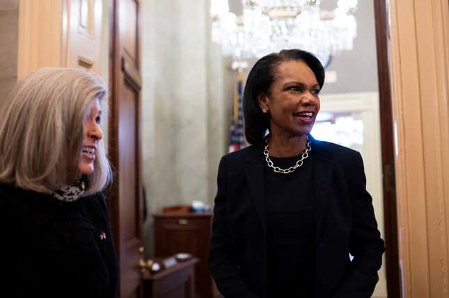 Senator Joni Ernst (R-IA) and former Secretary of State Condoleezza Rice depart Minority Leader McConnell’s office, at the U.S. Capitol, in Washington, D.C., on Wednesday, November 3, 2021.