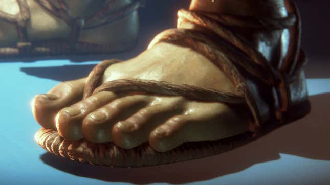 A close-up of Ryu's foot in a sandal. 