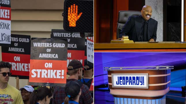 WGA strikers (David McNew/Getty Images) , Judge Steve Harvey (ABC, Erika Doss), Jeopardy! (ABC, Christopher Willard)