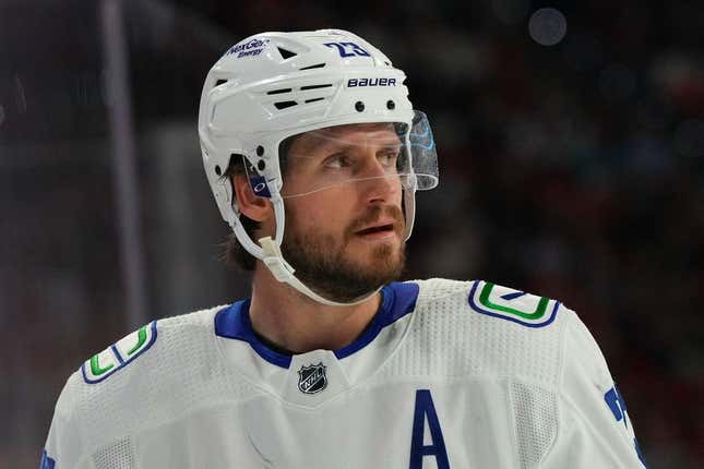Jan 15, 2023; Raleigh, North Carolina, USA;  Vancouver Canucks defenseman Oliver Ekman-Larsson (23) looks on against the Carolina Hurricanes during the third period at PNC Arena.
