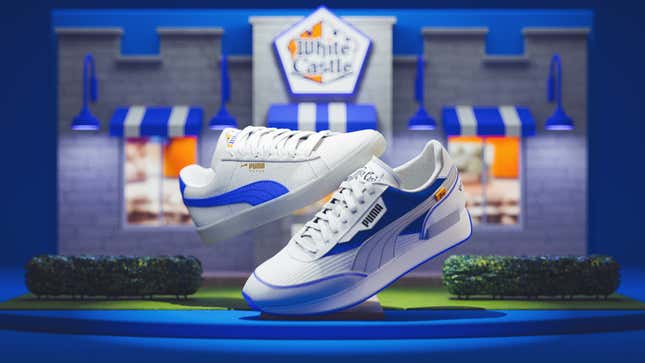 White Caster + PUMA sneaker collaboration; white sneaker with royal blue accents in front of White Caste restaurant