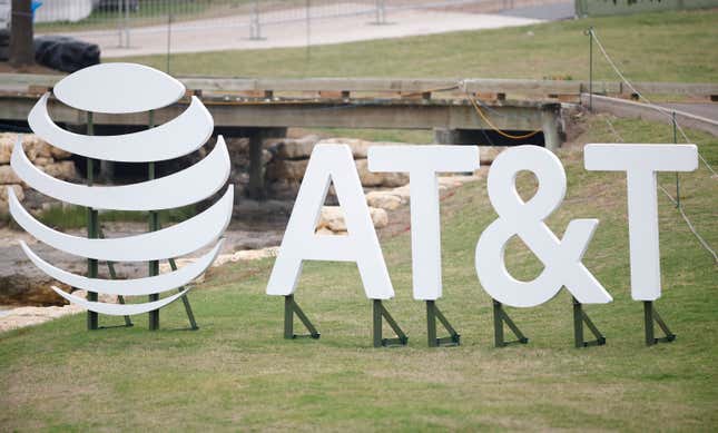AT&T signage is seen during the first round of the AT&T Byron Nelson at TPC Craig Ranch on May 11, 2023 in McKinney, Texas.