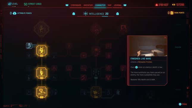 The Intelligence skill tree shows the Finisher: Live Wire perk description. 