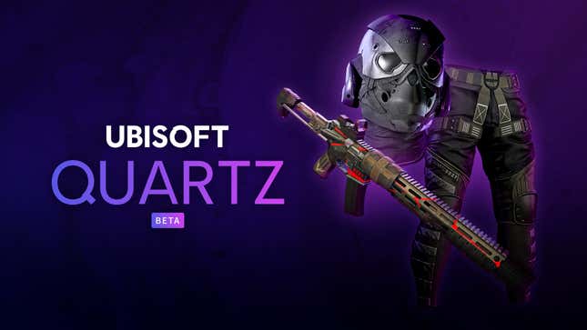 An edgelord's mask, a fancy gun, and a pair of pants float in a purple void next to the Ubisoft Quartz logo.