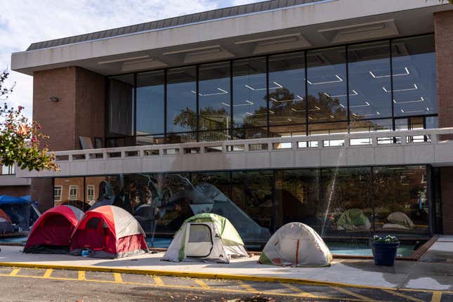 Tents are set up near the Blackburn University Center as students protest poor housing conditions on the campus of Howard University October 25, 2021 in Washington, DC. 