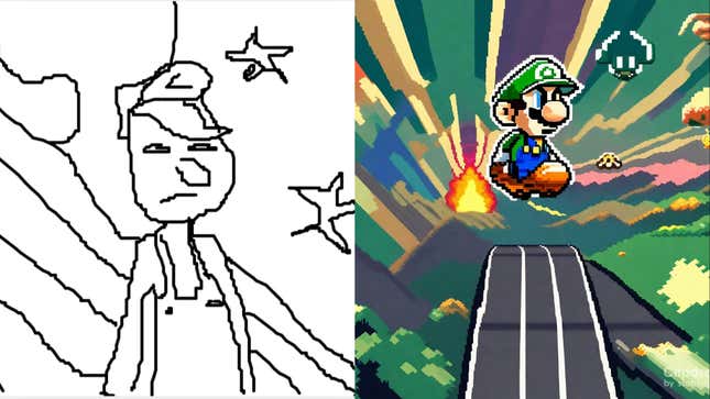 A line drawing including a rudimentary version of Luigi and another pixel art of luigi sneering as he goes away from an explosion.