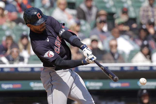 Apr 19, 2023; Detroit, Michigan, USA;  Cleveland Guardians second baseman Gabriel Arias (13) hits a single in the ninth inning against the Detroit Tigers at Comerica Park.