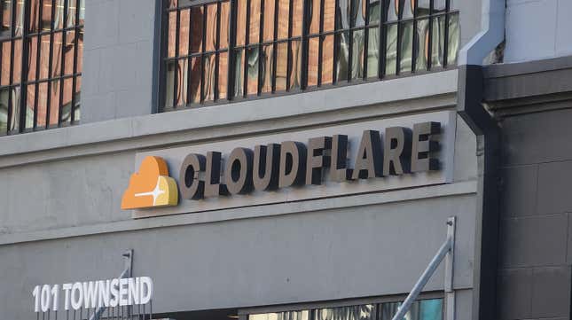 Close-up of logo on facade at headquarters of cyber security company  Cloudflare in the South of Market (SoMA) neighborhood of San Francisco,  California, June 10, 2019.