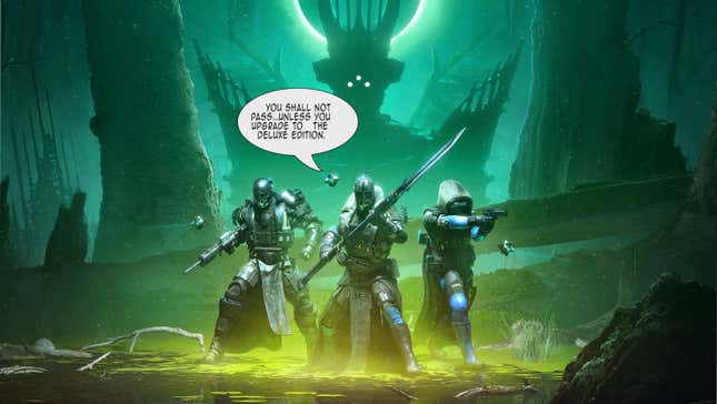 Destiny 2 Guardians prepare to fight in a dungeon while Savathun's shadow hangs over them. 