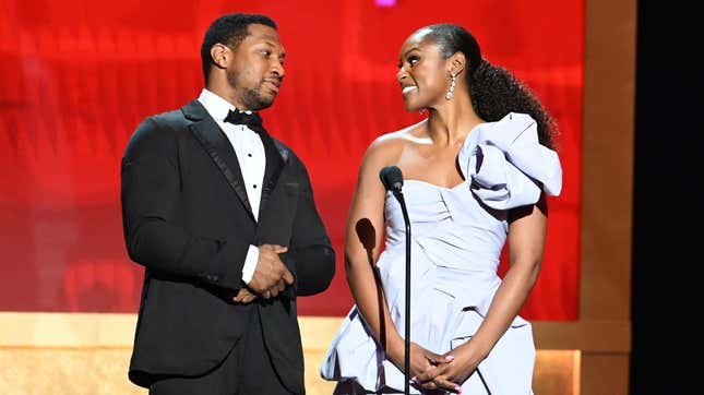 Jonathan Majors and Issa Rae at the 54th NAACP Image Awards on February 25, 2023 in Pasadena, California.