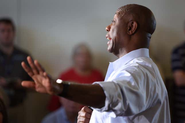 ANKENY, IOWA - JULY 27: Republican presidential candidate Senator Tim Scott (R-SC) speaks to guests during a town hall meeting on July 27, 2023 in Ankeny, Iowa. 