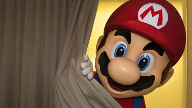 A creepy Mario looking at you from behind a curtain. 