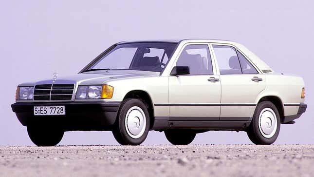 Mercedes-Benz press image of a beige 190E, viewed from the front quarter.