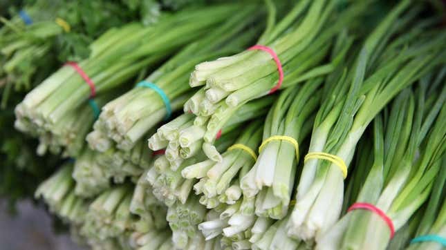 Scallions in bunches at store