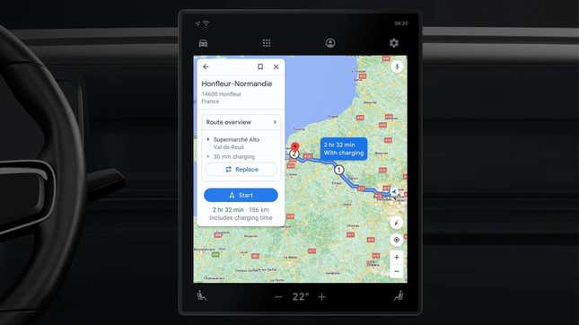 Image of Google Maps interface showing a recommended charging stop during route planning.