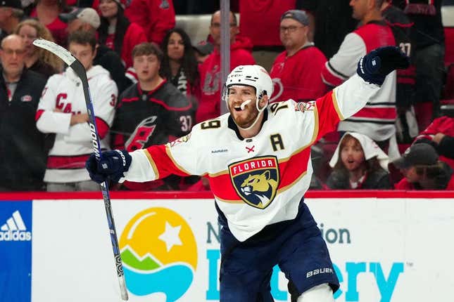 May 18, 2023; Raleigh, North Carolina, USA; Florida Panthers left wing Matthew Tkachuk (19) reacts after scoring the game winning goal against the Carolina Hurricanes during the fourth overtime period of game one in the Eastern Conference Finals of the 2023 Stanley Cup Playoffs at PNC Arena.
