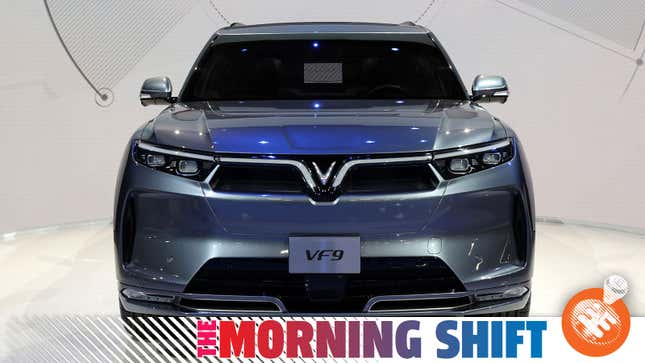 A photo of a VinFast electric SUV with The Morning Shift graphic underneath. 