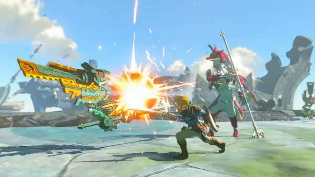 Link and Sidon are seen fighting a machine-like enemy.