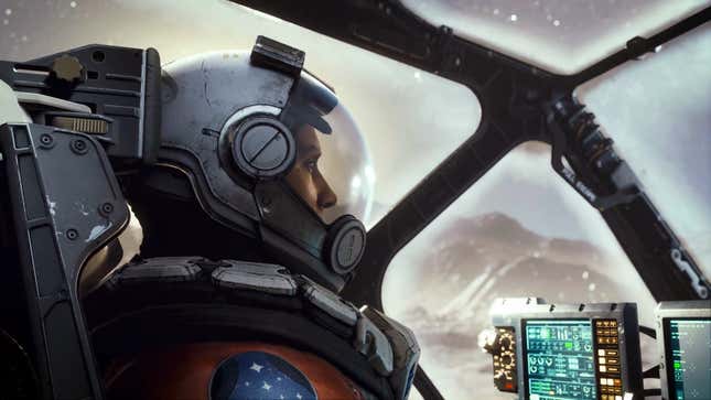 A Starfield screenshot showing an astronaut preparing a ship to take off of a barren, rocky, mostly empty planet.