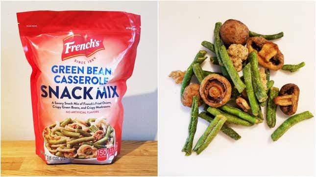 Left: Bag of French's Green Bean Casserole Snack Mix. Right: A handful of snack mix on white background