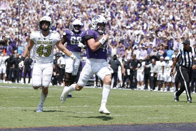 Sep 2, 2023; Fort Worth, Texas, USA; TCU Horned Frogs quarterback Chandler Morris (4) scores a touchdown in the fourth quarter against the Colorado Buffaloes at Amon G. Carter Stadium.