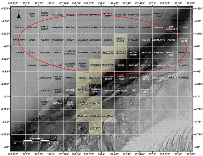 Este mapa muestra todos los temas de los cuadrantes del rover Curiosity Mars de la NASA.