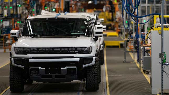 A photo of electric Hummers rolling off the production line. 