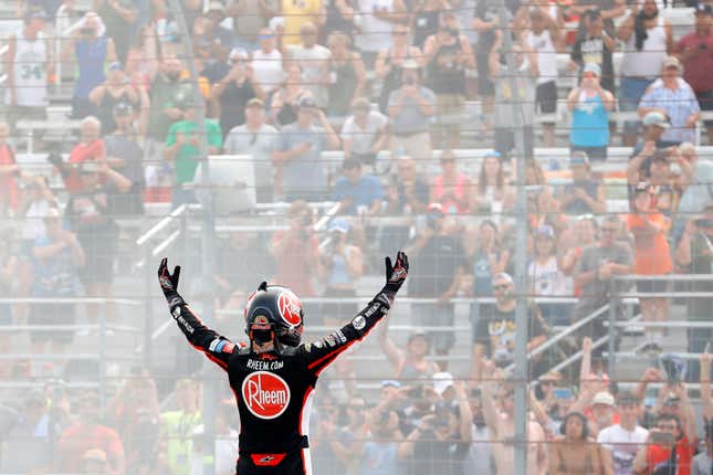 Christopher Bell, driver of the No. 20 Rheem/WATTS Toyota, celebrates after winning the NASCAR Cup Series Ambetter 301 at New Hampshire Motor Speedway on July 17, 2022 in Loudon, New Hampshire.