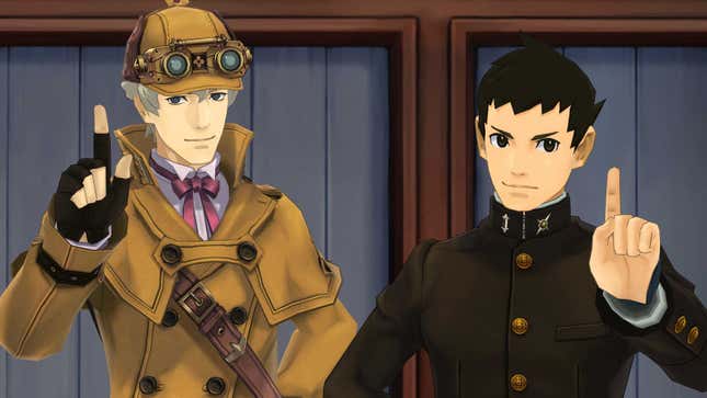 Image of Herlock Sholmes and Ryunosuke Naruhodo standing side-by-side holding up their index fingers
